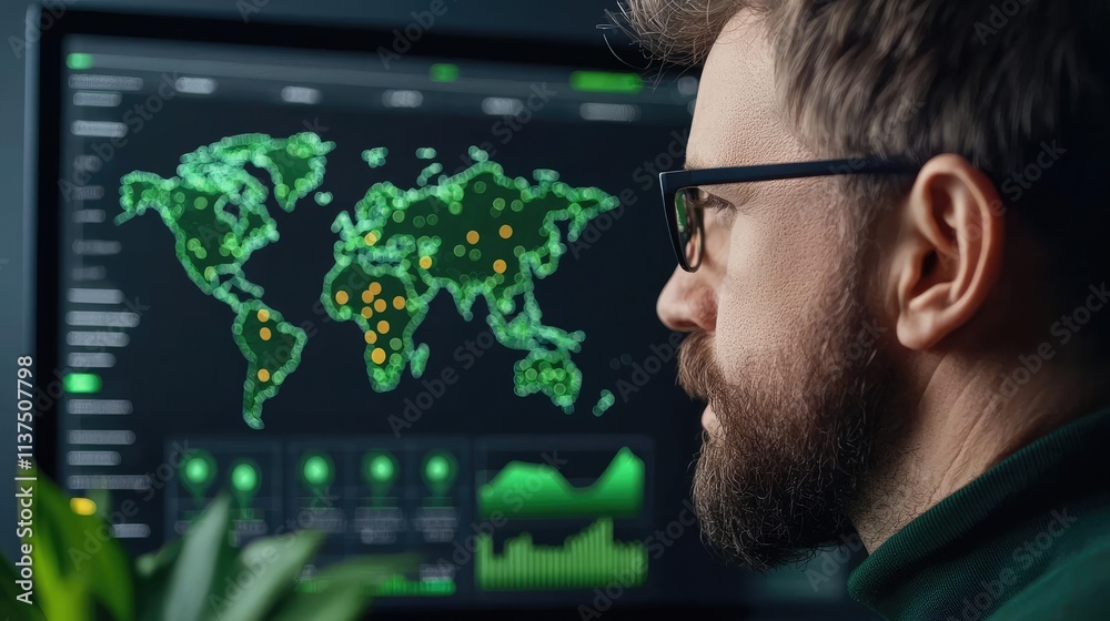 Poster Weather forecast idea. A man analyzing global data visualization on a computer screen in an office environment.