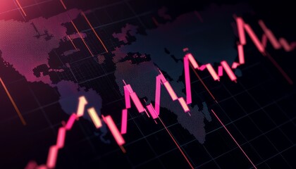 Fototapeta premium A vibrant digital graph shows fluctuating market trends over a world map, illustrating financial data analysis.
