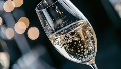 A sparkling glass of champagne captures the essence of celebration, with bubbles rising against a blurred backdrop of ambient lights.