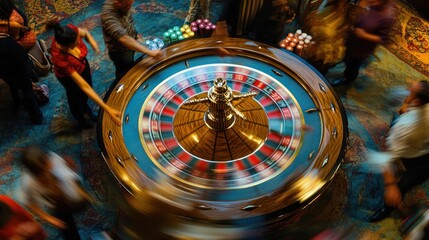 Spinning roulette wheel surrounded by blurred people in a casino.