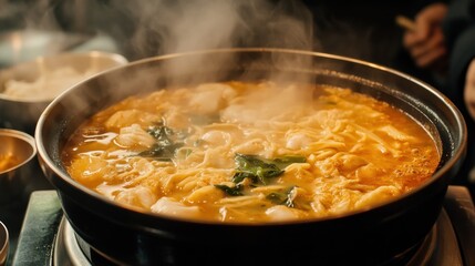 Steaming hot pot with vegetables.