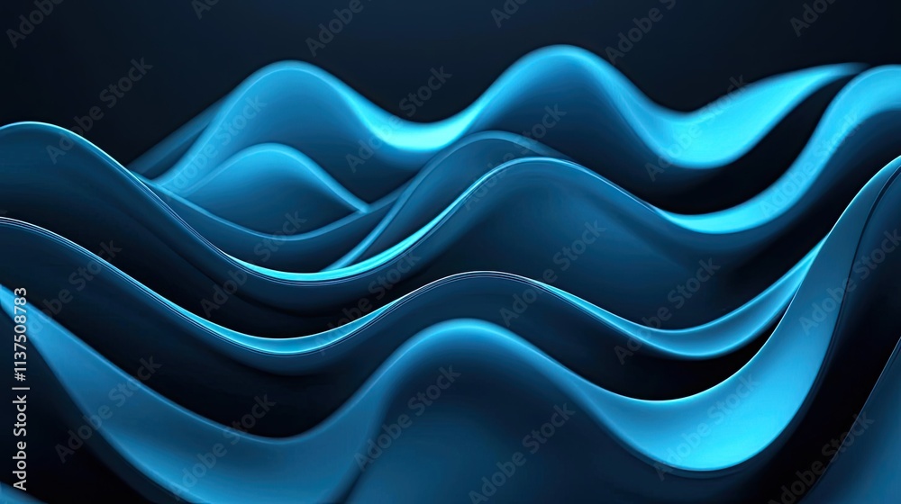 Poster Wave abstract background concept. Abstract design featuring flowing blue waves on a dark background, creating a serene effect.