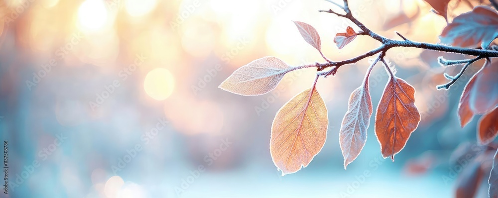 Poster mysterious fog idea. beautiful autumn leaves with soft, dreamy background and warm sunlight.