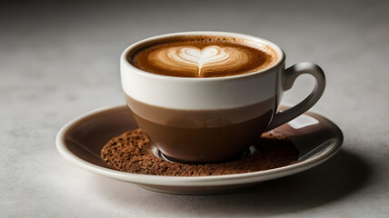 Fototapeta premium Coffee Break: A steaming cup of coffee, complete with a heart-shaped latte art, rests on a saucer with a cookie, inviting you to savor the simple pleasures of a cozy morning. 