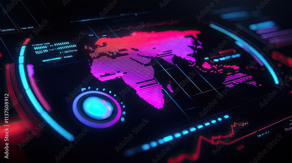 Aufkleber Weather forecast idea. Futuristic digital world map display with colorful data visualization elements.