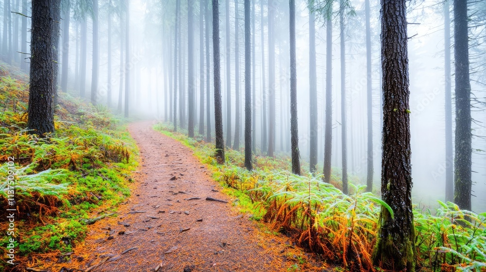 Poster mysterious fog idea. a serene forest pathway shrouded in mist, surrounded by tall trees and lush fol