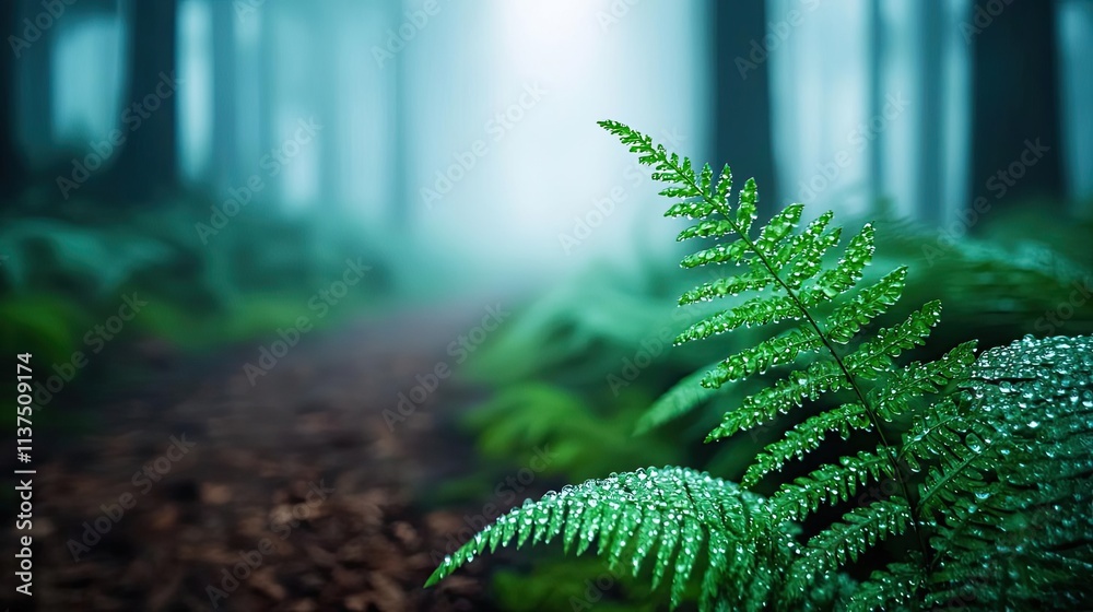 Poster mysterious fog idea. a serene forest scene featuring lush ferns and a misty path disappearing into t