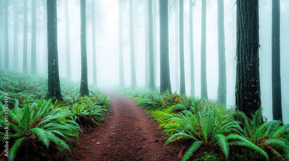 Poster mysterious fog idea. a serene forest path shrouded in mist, surrounded by lush greenery and towering