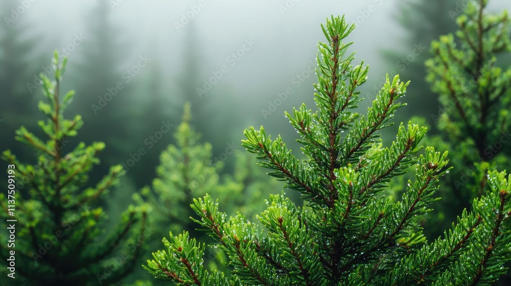 Poster mysterious fog idea. lush green evergreen trees emerging from a serene foggy forest landscape.