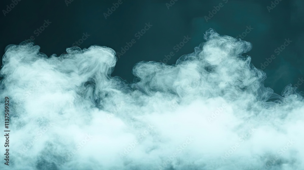 Poster Mysterious fog idea. A wispy cloud of smoke gently swirls across a dark background, creating a tranquil atmosphere.
