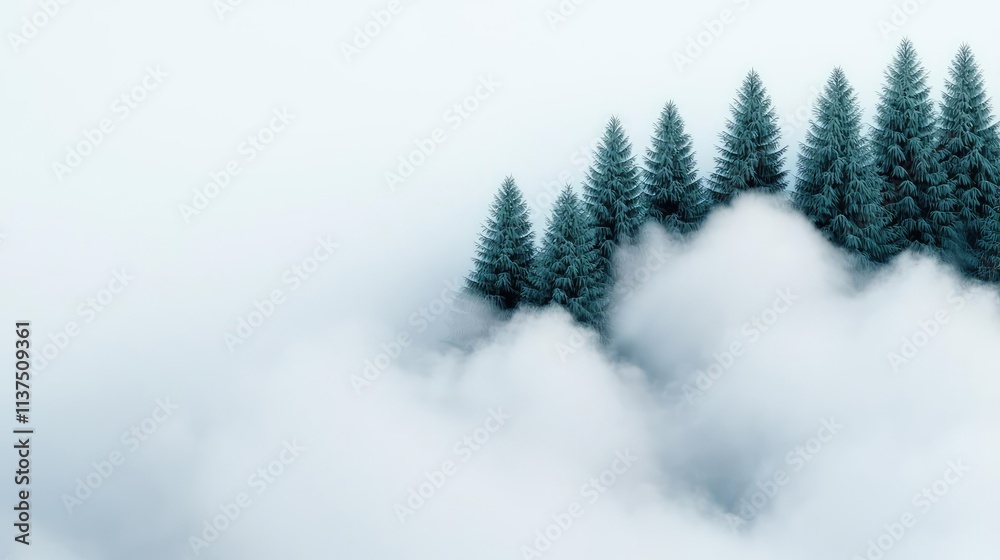 Poster Mysterious fog idea. Misty forest landscape with evergreen trees emerging from thick fog.