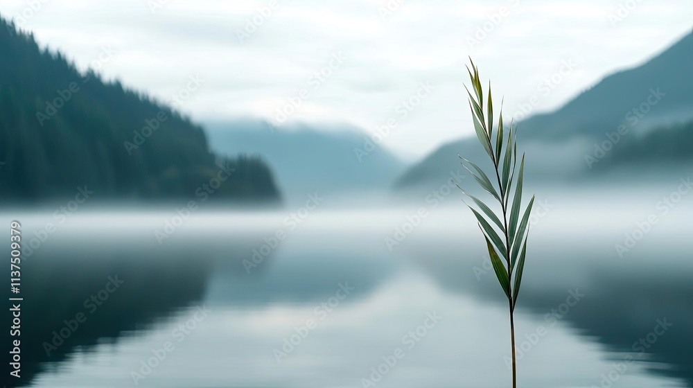 Aufkleber mysterious fog idea. a serene lake view featuring a single green plant against misty mountains.