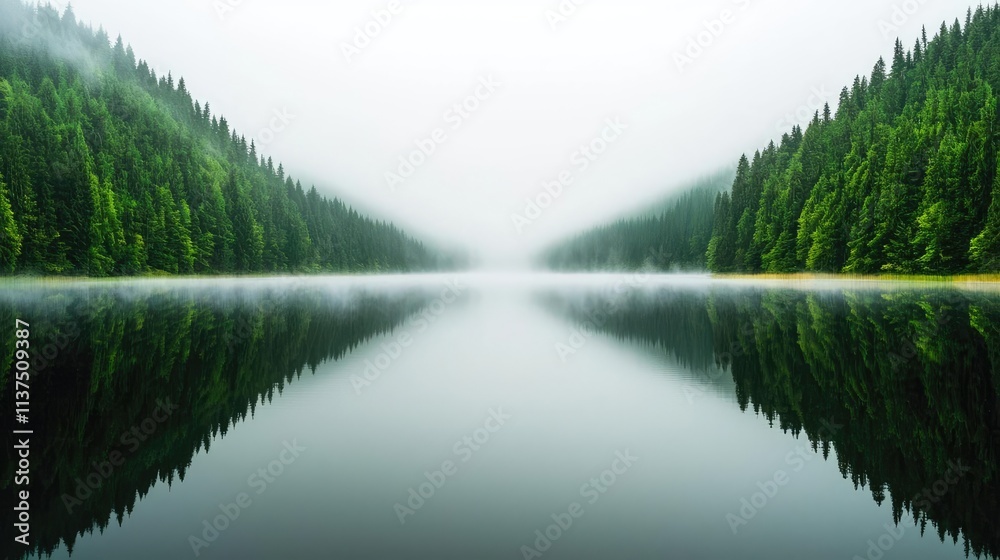 Poster mysterious fog idea. serene lake reflecting lush green trees under a misty sky, evoking tranquility 