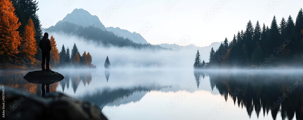 Poster Mysterious fog idea. A serene lakeside scene with misty mountains and autumn trees reflecting on the water.