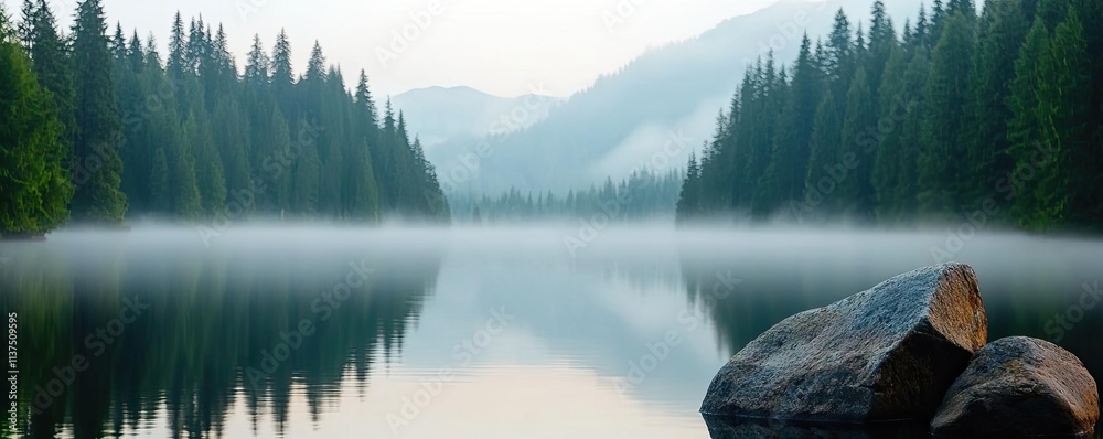 Aufkleber mysterious fog idea. serene lake surrounded by misty mountains and evergreen trees at dawn.
