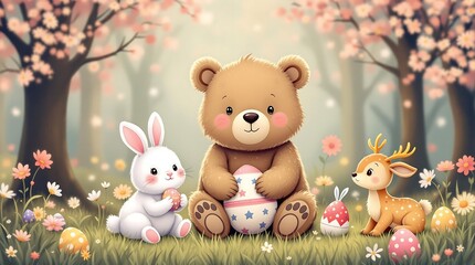 Bear, rabbit, and deer with decorated Easter eggs in a meadow