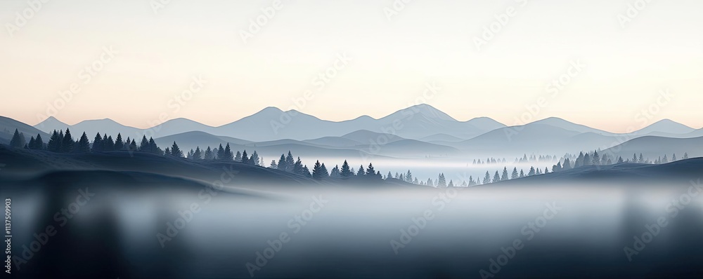 Aufkleber Mysterious fog idea. Serene misty mountains fade into the distance, creating a tranquil and calming atmosphere.