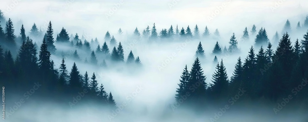Aufkleber Mysterious fog idea. Misty forest landscape with towering trees and serene fog enveloping the scenery.