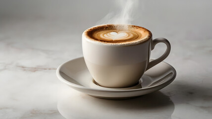 Fototapeta premium Steaming Heart Latte: A close-up of a steaming cup of latte art on a marble countertop. The delicate heart design and swirling steam create a sense of warmth and comfort.