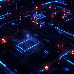 Obraz premium A tech-inspired background with glowing circuit patterns in neon blue on a dark surface
