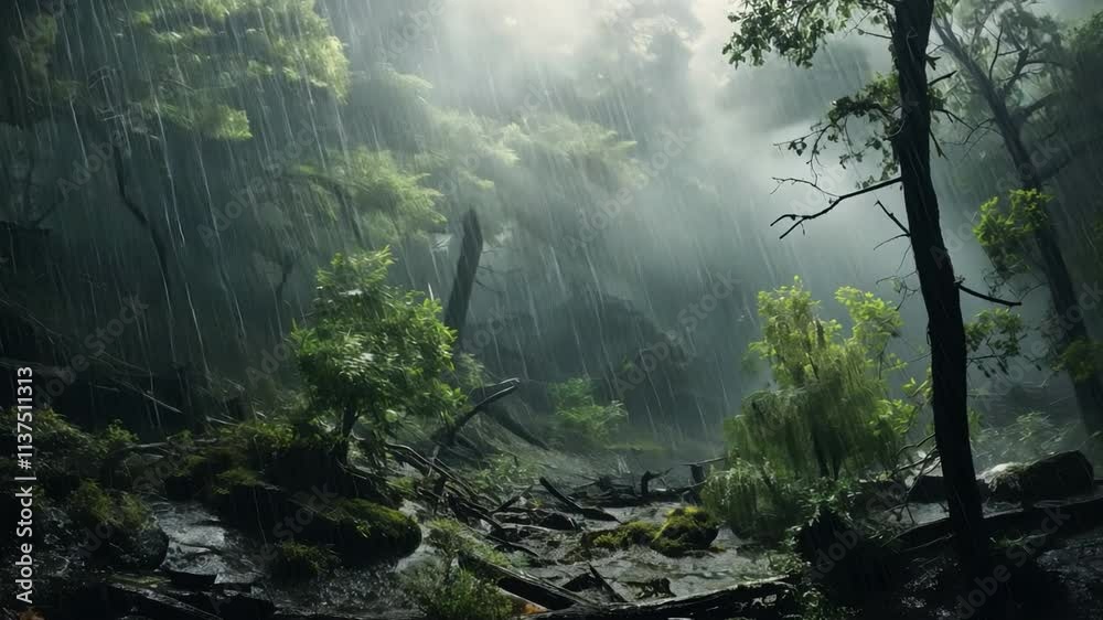 Aufkleber rain-kissed forest: sunlight pierces through a canopy of lush greenery, illuminating a tranquil fore