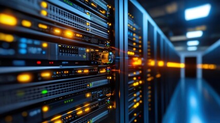 Naklejka premium Server racks in a sleek high tech data center environment representing the power and infrastructure behind digital connectivity cloud computing