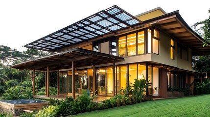 Obraz premium A sustainable villa with a rainwater collection system, large overhangs, and a solar-powered pergola