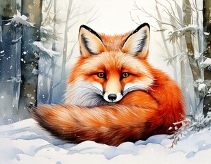 Fototapeta premium Winter-themed watercolor fox curled up in snow-covered woods