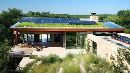 A sustainable modern home with solar panels, a green roof, and natural stone facade.