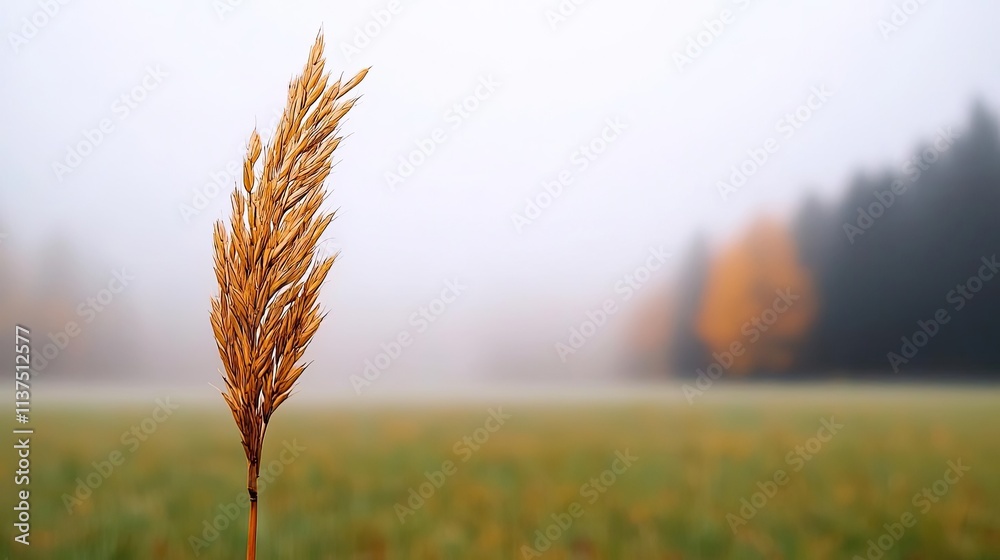 Poster mysterious fog idea. a solitary golden grass stalk stands tall in a misty field, framed by soft autu