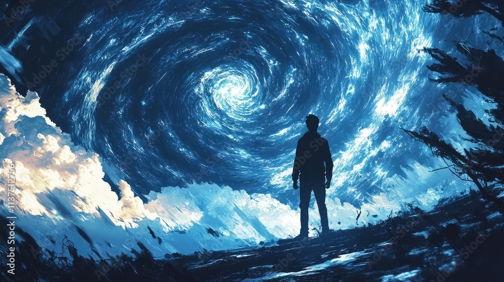 Poster weather forecast idea. a silhouette of a person standing beneath a swirling galaxy, evoking wonder a
