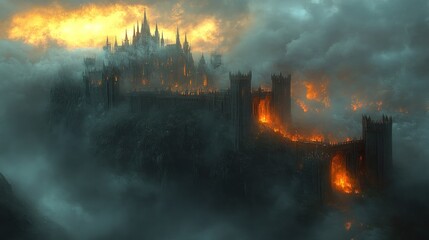 Obraz premium Dark castle amidst fiery clouds and smoke