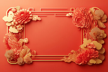 Chinese New Year theme background with a blank paper in the middle, a golden dragon around the frame, red lanterns and flower decorations, traditional Chinese patterns and ornaments on the border.