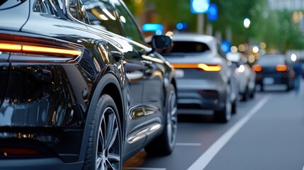 Obraz premium Evening traffic on the bustling city streets with illuminated vehicles in motion showcasing the urban landscape commuter lifestyle and the dynamic infrastructure of a thriving metropolitan area