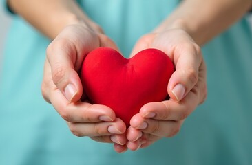 Obraz premium Close up of woman hands with Red Heart. Minimal style medical poster brochure template design. Cardiology concept. Kindness day poster for social media. 