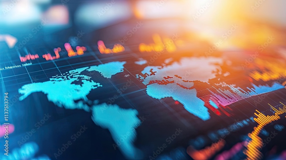 Aufkleber Weather forecast idea. Colorful digital world map with data visualization and analysis elements.