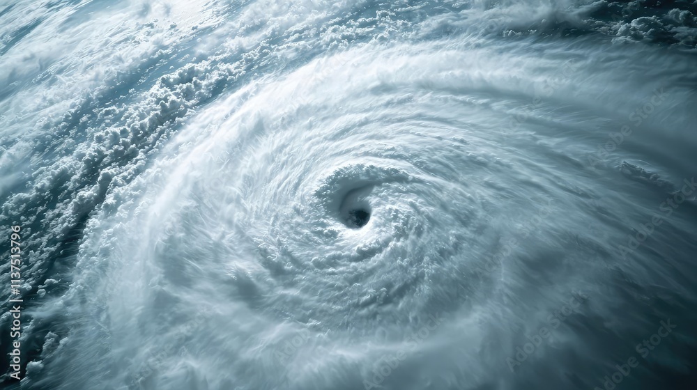 Poster weather forecast idea. aerial view of a powerful hurricane forming over the ocean, showcasing swirli