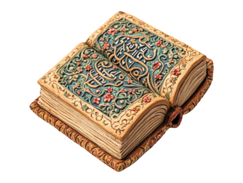 Beautifully Crafted 3D Plasticine Quran Opened on Transparent Background