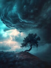 A stormy landscape with dark clouds, lightning striking in the distance, and a lone tree bending in the wind.
