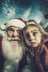 Christmas season season ad conceptual art graphic for media and web marketing use. Cheerful christmas, &Ntilde;ute child girl discontented with santa claus. Happy holidays promotions. Xmas photo ad.