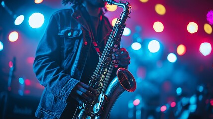 Fototapeta premium Saxophonist performs under colorful stage lights in a nightclub.