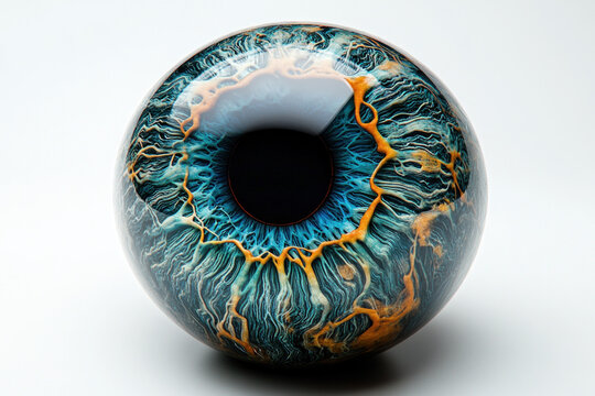 Close up of a glass eye, intricate details and reflections, vivid colors, realistic features, lifelike appearance, reflective surface, in focused view.