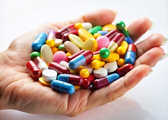High Depth of Field: Pharmaceutical Medications, Hand, Pills, Capsules, Tablets, White Background, Pharmacy, Medicine, Healthcare, Drug, Treatment