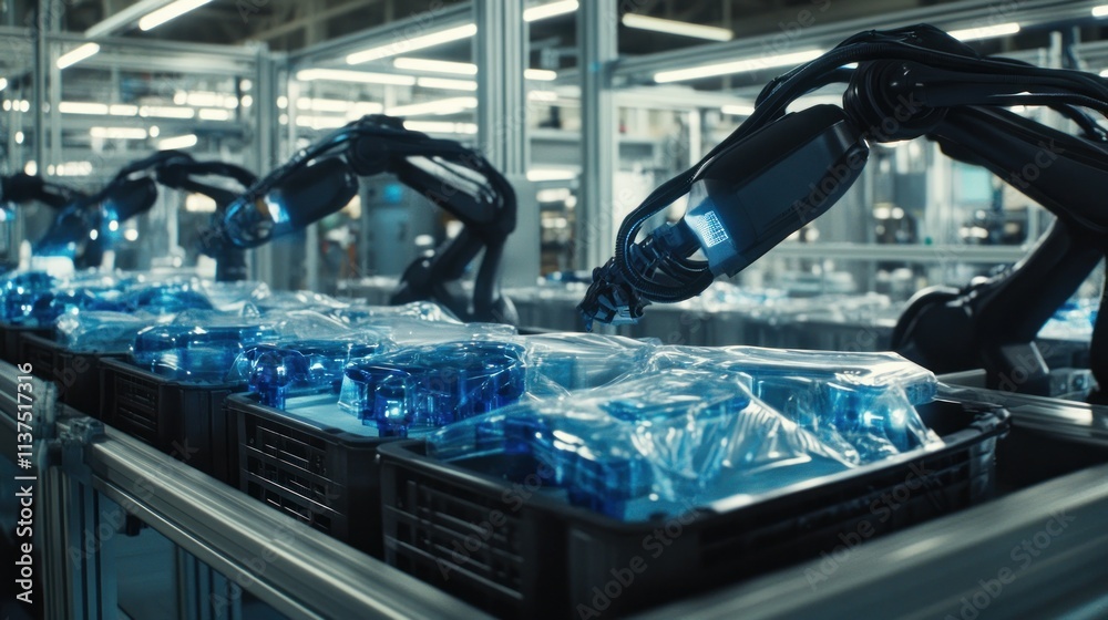 Poster robots assembling products in modern factory