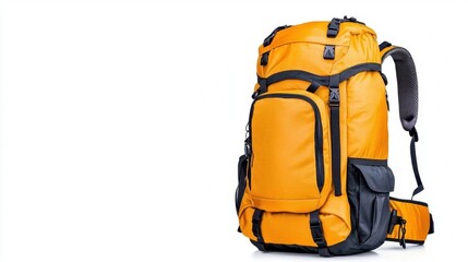 A photostock of a rugged mountain hiking backpack, isolated on a white background, practical and detailed, High Quality