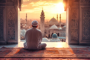 Contemplative prayer at sunset in a vibrant mosque overlooking a bustling city