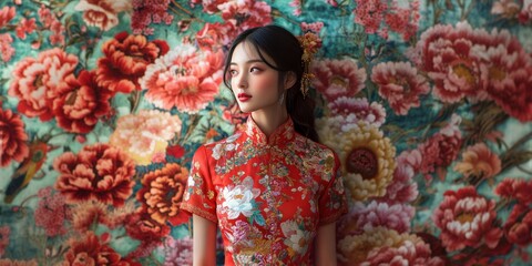 Traditional Chinese wedding dress with red and gold accents, female model standing in front of a bright floral arrangement, hands behind back, full-body shot, vibrant lighting, Chinese New Year theme.