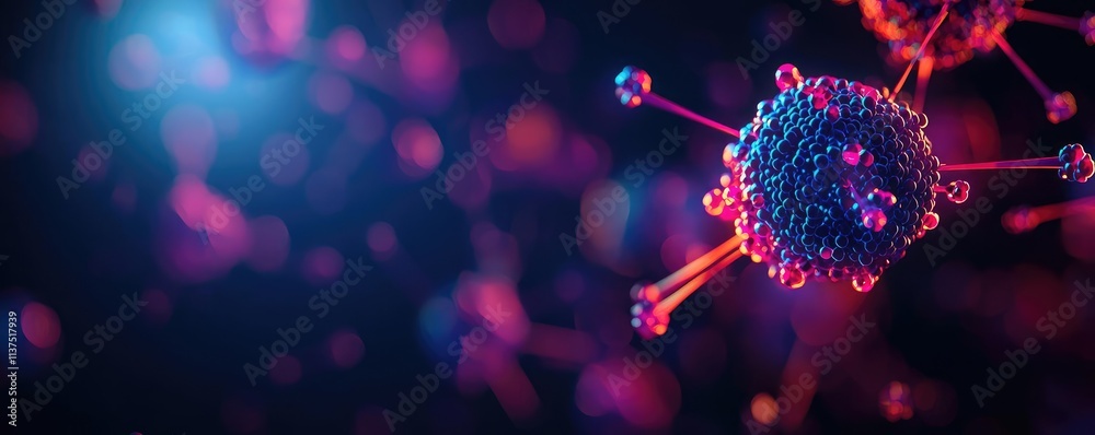 Poster cancer cells idea. colorful illustration of a virus showing its structure and genetic material in de
