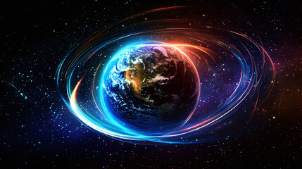 the planet Earth, visible from space. The Earth is surrounded by a dark outer space with many stars.