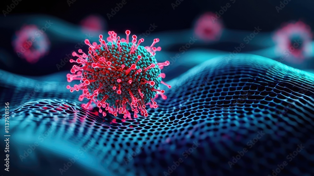 Poster cancer cells idea. detailed representation of a virus on a digital background showcasing science and